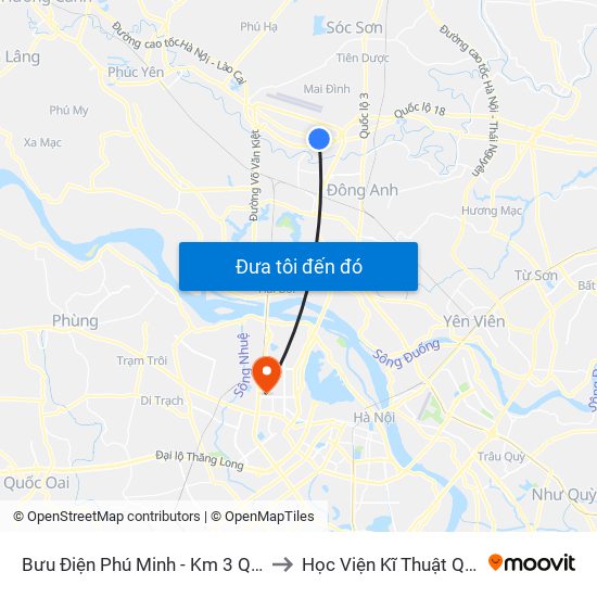 Bưu Điện Phú Minh - Km 3 Quốc Lộ 2 to Học Viện Kĩ Thuật Quân Sự map