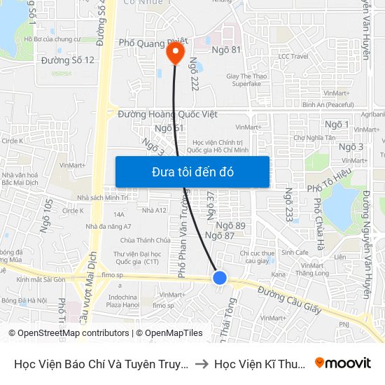 Học Viện Báo Chí Và Tuyên Truyền - 36 Xuân Thủy to Học Viện Kĩ Thuật Quân Sự map