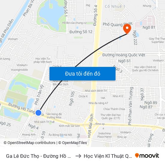 Ga Lê Đức Thọ - Đường Hồ Tùng Mậu to Học Viện Kĩ Thuật Quân Sự map