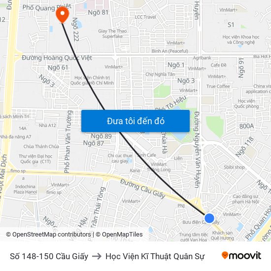 Số 148-150 Cầu Giấy to Học Viện Kĩ Thuật Quân Sự map