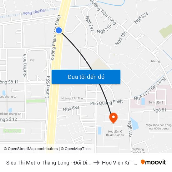 Siêu Thị Metro Thăng Long - Đối Diện Ngõ 599 Phạm Văn Đồng to Học Viện Kĩ Thuật Quân Sự map