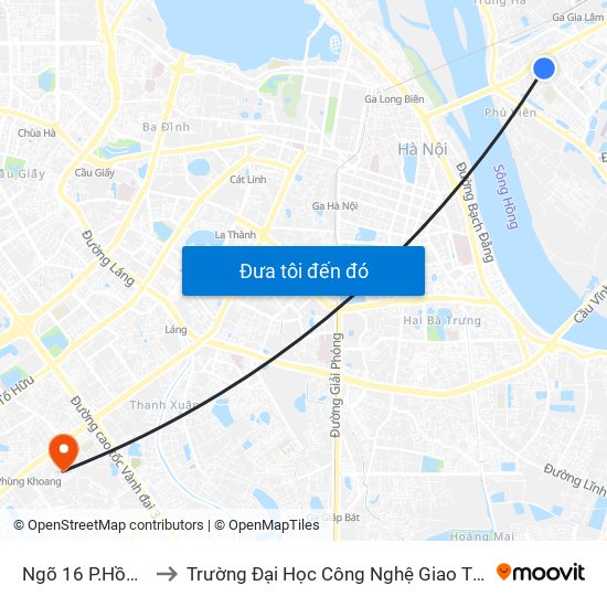 Ngõ 16 P.Hồng Tiến to Trường Đại Học Công Nghệ Giao Thông Vận Tải map