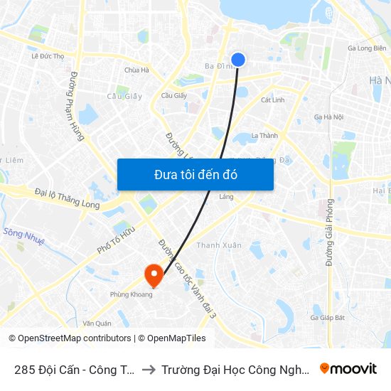 285 Đội Cấn - Công Ty Dệt Kim Hà Nội to Trường Đại Học Công Nghệ Giao Thông Vận Tải map