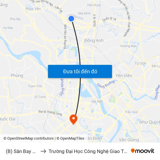 (B) Sân Bay Nội Bài to Trường Đại Học Công Nghệ Giao Thông Vận Tải map