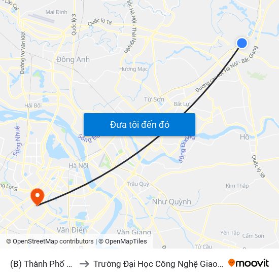 (B) Thành Phố Bắc Ninh to Trường Đại Học Công Nghệ Giao Thông Vận Tải map