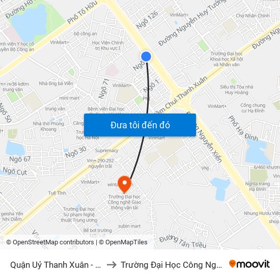 Quận Uỷ Thanh Xuân - Số 9 Khuất Duy Tiến to Trường Đại Học Công Nghệ Giao Thông Vận Tải map