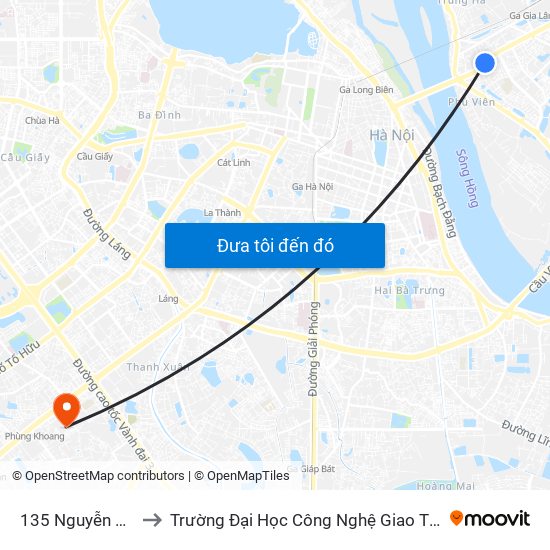 135 Nguyễn Văn Cừ to Trường Đại Học Công Nghệ Giao Thông Vận Tải map