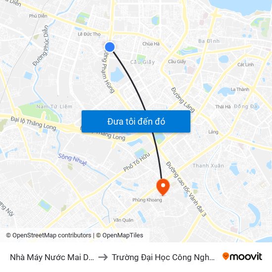 Nhà Máy Nước Mai Dịch - Phạm Hùng to Trường Đại Học Công Nghệ Giao Thông Vận Tải map