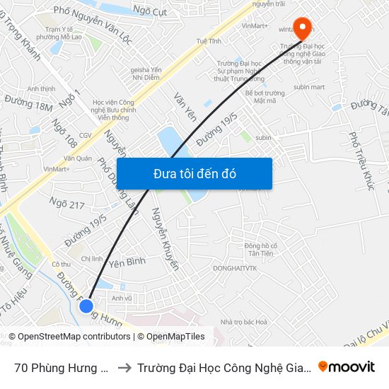 70 Phùng Hưng (Hà Đông) to Trường Đại Học Công Nghệ Giao Thông Vận Tải map