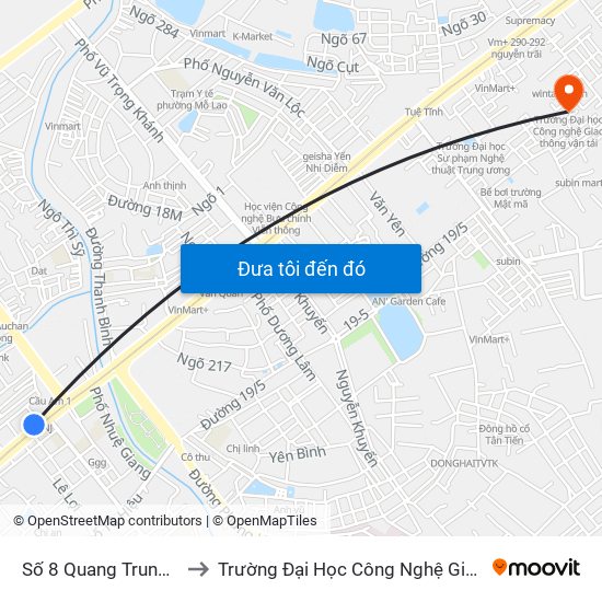 Số 8 Quang Trung - Hà Đông to Trường Đại Học Công Nghệ Giao Thông Vận Tải map