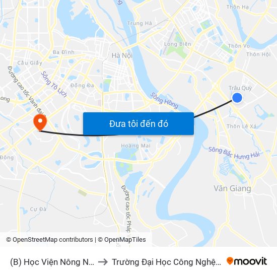 (B) Học Viện Nông Nghiệp Việt Nam to Trường Đại Học Công Nghệ Giao Thông Vận Tải map