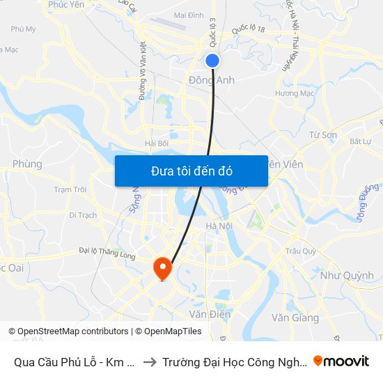 Qua Cầu Phủ Lỗ - Km 16+890 Quốc Lộ 3 to Trường Đại Học Công Nghệ Giao Thông Vận Tải map