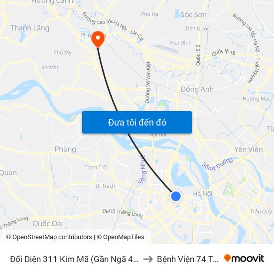 Đối Diện 311 Kim Mã (Gần Ngã 4 Kim Mã - Vạn Bảo) to Bệnh Viện 74 Trung Ương map