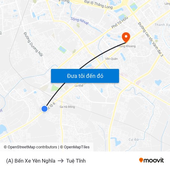 (A) Bến Xe Yên Nghĩa to Tuệ Tĩnh map