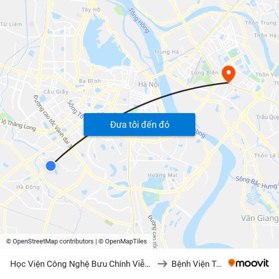 Học Viện Công Nghệ Bưu Chính Viễn Thông - Trần Phú (Hà Đông) to Bệnh Viện Tâm Thần Hn map