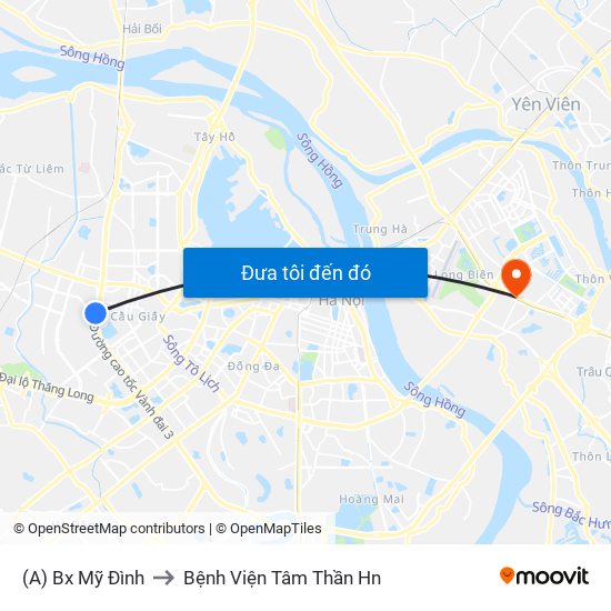 (A) Bx Mỹ Đình to Bệnh Viện Tâm Thần Hn map