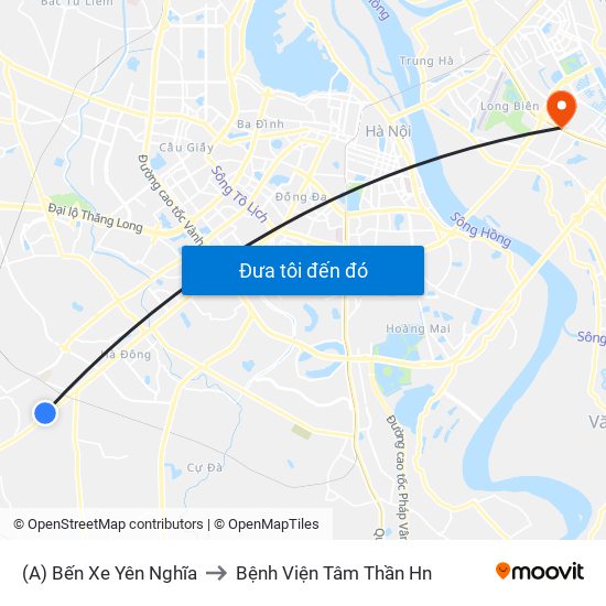 (A) Bến Xe Yên Nghĩa to Bệnh Viện Tâm Thần Hn map