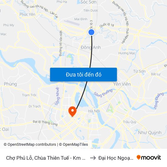 Chợ Phủ Lỗ, Chùa Thiên Tuế - Km 18+600 Quốc Lộ 3 to Đại Học Ngoại Thương map