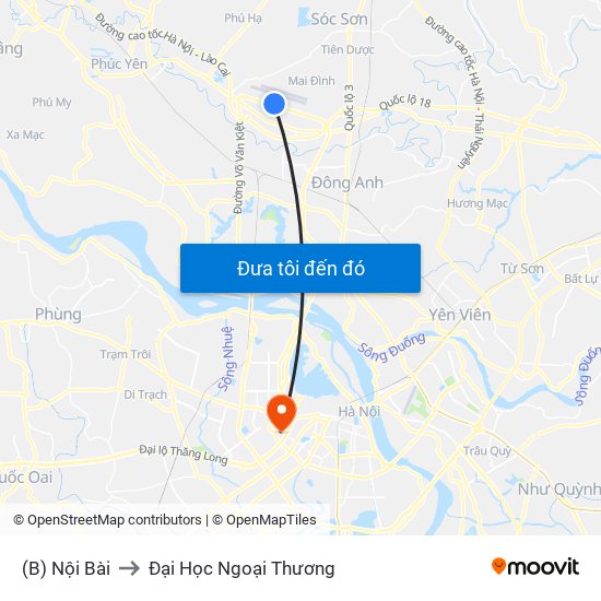 (B) Nội Bài to Đại Học Ngoại Thương map