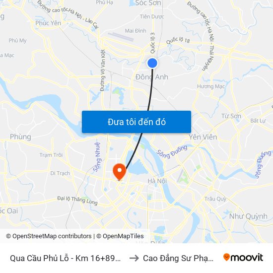 Qua Cầu Phủ Lỗ - Km 16+890 Quốc Lộ 3 to Cao Đẳng Sư Phạm Hà Nội map