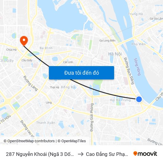 287 Nguyễn Khoái (Ngã 3 Dốc Minh Khai) to Cao Đẳng Sư Phạm Hà Nội map