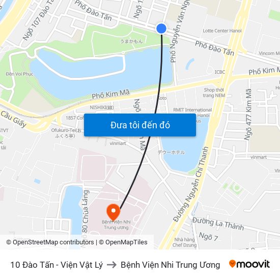 10 Đào Tấn - Viện Vật Lý to Bệnh Viện Nhi Trung Ương map