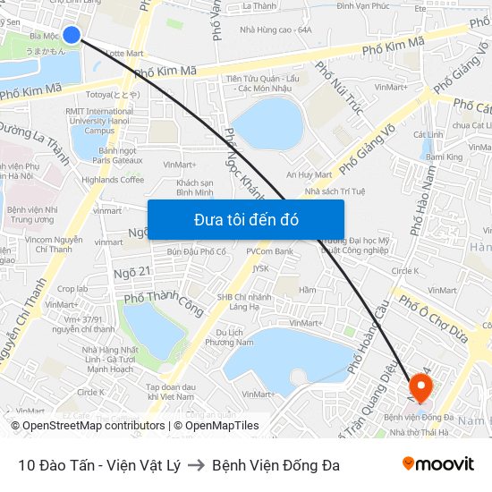 10 Đào Tấn - Viện Vật Lý to Bệnh Viện Đống Đa map