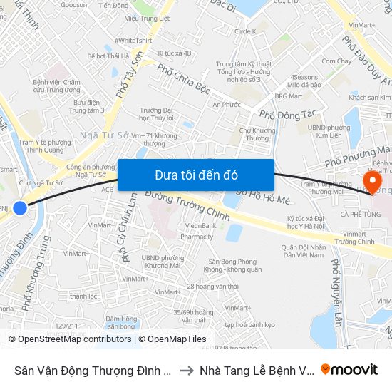 Sân Vận Động Thượng Đình - 129 Nguyễn Trãi to Nhà Tang Lễ Bệnh Viện Bạch Mai map