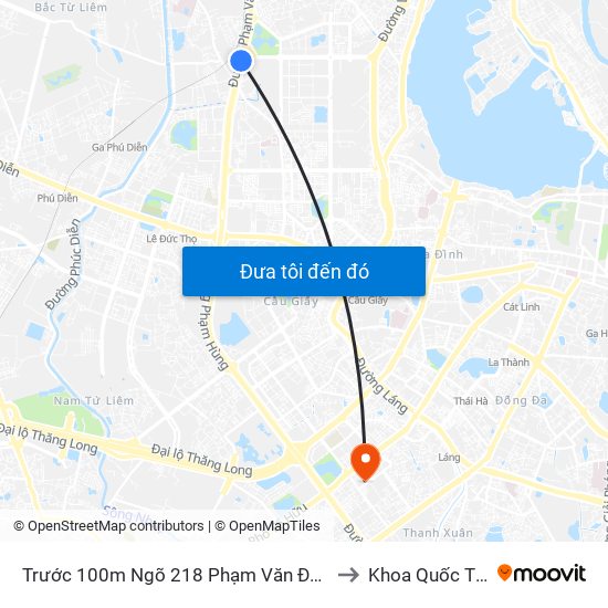 Trước 100m Ngõ 218 Phạm Văn Đồng (Đối Diện Công Viên Hòa Bình) to Khoa Quốc Tế Đh Quôc Gia map