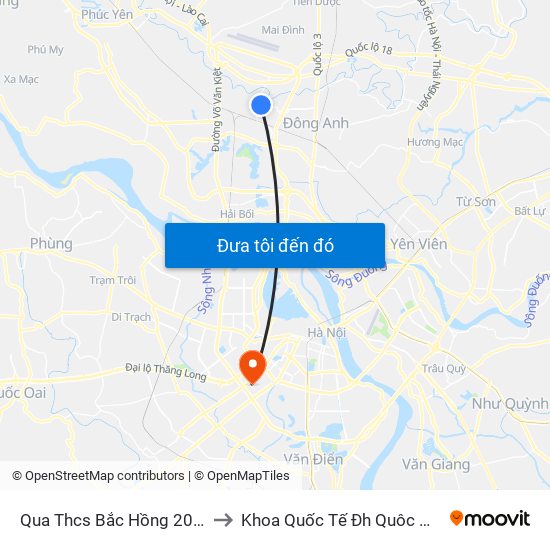 Qua Thcs Bắc Hồng 20m to Khoa Quốc Tế Đh Quôc Gia map