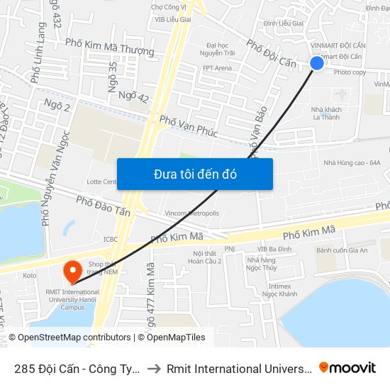 285 Đội Cấn - Công Ty Dệt Kim Hà Nội to Rmit International University Hanoi Campus map