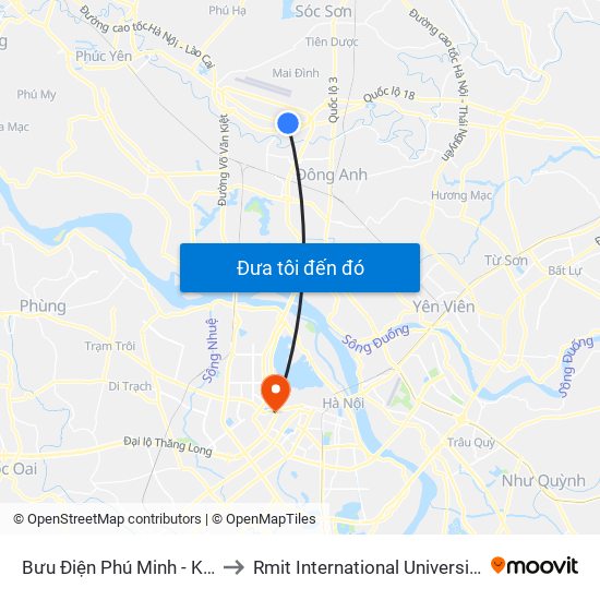 Bưu Điện Phú Minh - Km 3 Quốc Lộ 2 to Rmit International University Hanoi Campus map