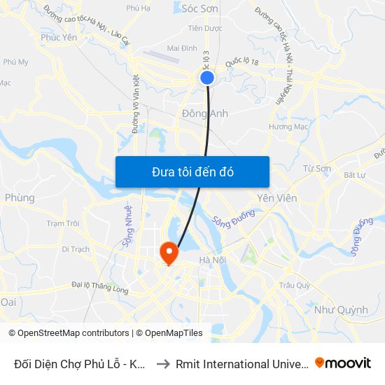 Đối Diện Chợ Phủ Lỗ - Km 18+650 Quốc Lộ 3 to Rmit International University Hanoi Campus map