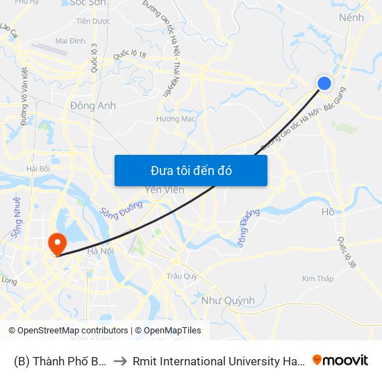 (B) Thành Phố Bắc Ninh to Rmit International University Hanoi Campus map