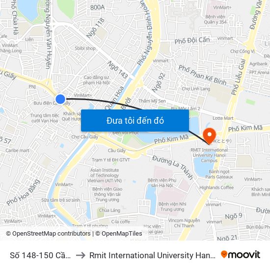 Số 148-150 Cầu Giấy to Rmit International University Hanoi Campus map