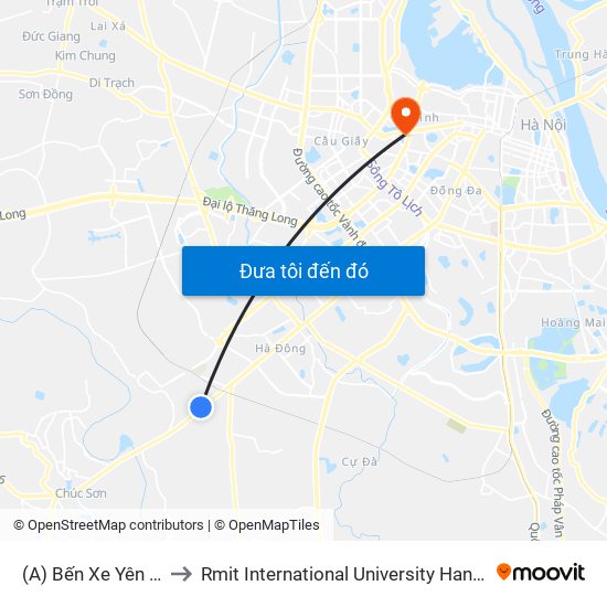 (A) Bến Xe Yên Nghĩa to Rmit International University Hanoi Campus map