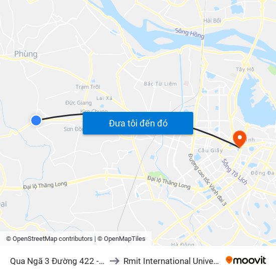 Qua Ngã 3 Đường 422 - Đường Cơ Đê 50m to Rmit International University Hanoi Campus map