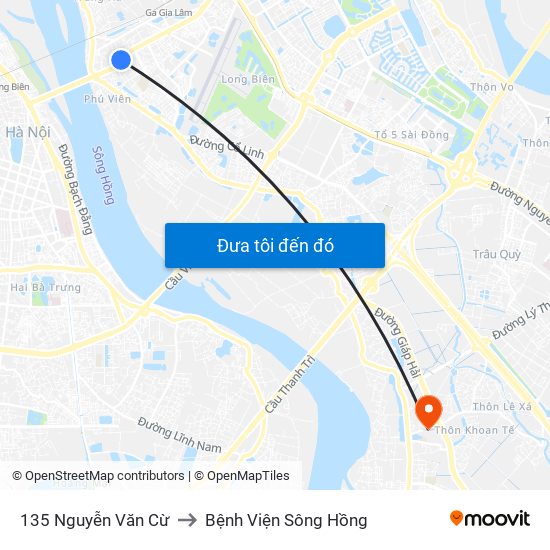 135 Nguyễn Văn Cừ to Bệnh Viện Sông Hồng map