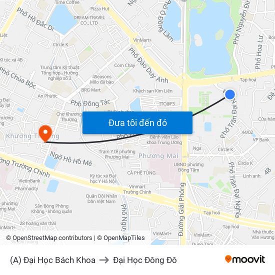 (A) Đại Học Bách Khoa to Đại Học Đông Đô map