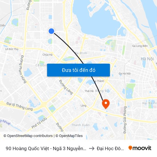 90 Hoàng Quốc Việt - Ngã 3 Nguyễn Văn Huyên to Đại Học Đông Đô map