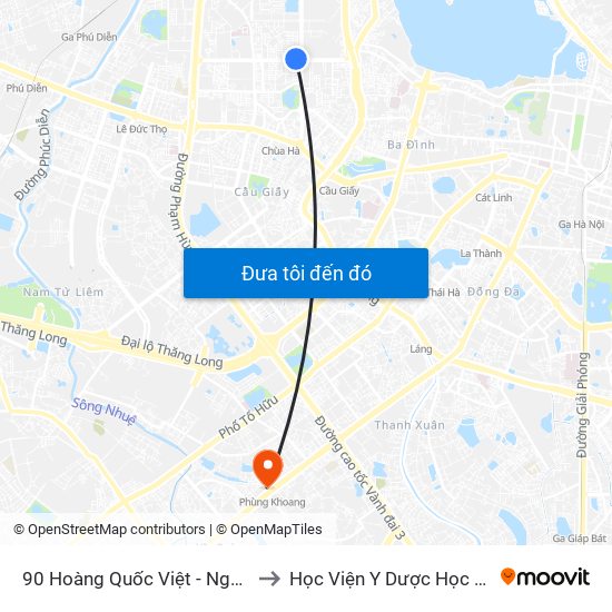 90 Hoàng Quốc Việt - Ngã 3 Nguyễn Văn Huyên to Học Viện Y Dược Học Cổ Truyền Việt Nam map