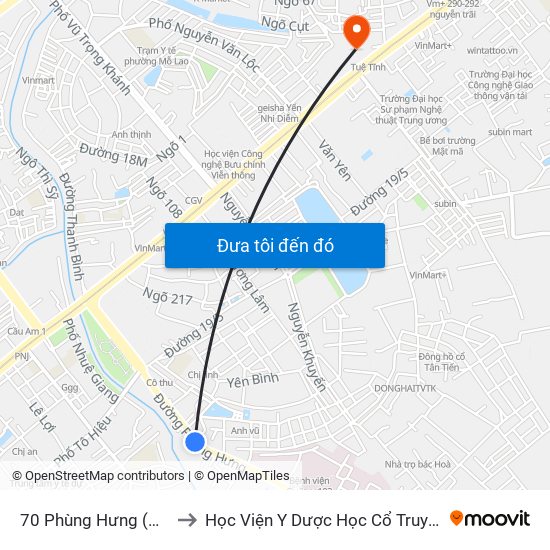 70 Phùng Hưng (Hà Đông) to Học Viện Y Dược Học Cổ Truyền Việt Nam map