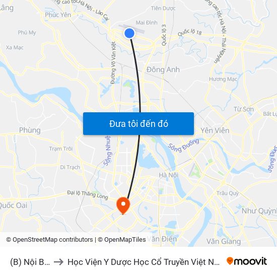 (B) Nội Bài to Học Viện Y Dược Học Cổ Truyền Việt Nam map