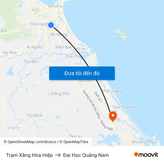 Trạm Xăng Hòa Hiệp to Đại Học Quảng Nam map