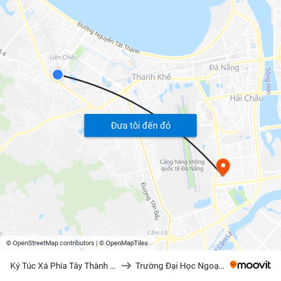 Ký Túc Xá Phía Tây Thành Phố Đường Nguyễn Sinh Sắc to Trường Đại Học Ngoại Ngữ - Đại Học Đà Nẵng map