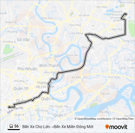 Tuyến 56 là một tuyến xe buýt quan trọng của TP.HCM, liên kết giữa các bến xe và trung tâm thành phố. Xem bản đồ và lịch trình để nắm rõ thông tin điểm dừng và thời gian hoạt động.