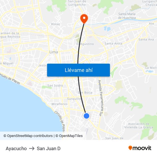 Ayacucho to San Juan D map