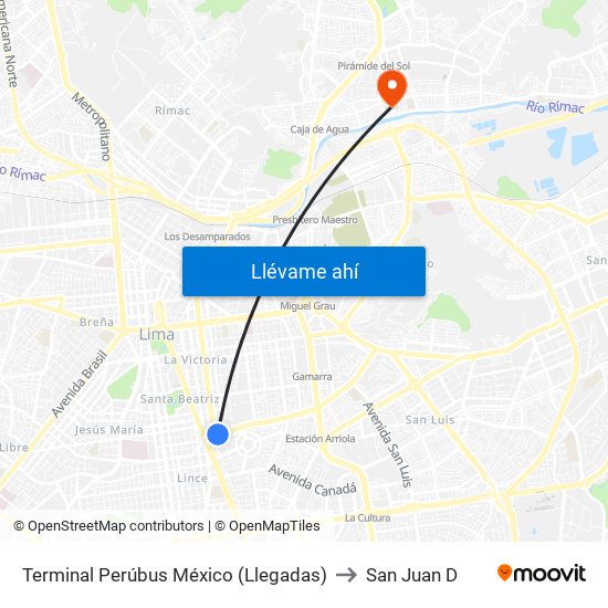 Terminal Perúbus México (Llegadas) to San Juan D map