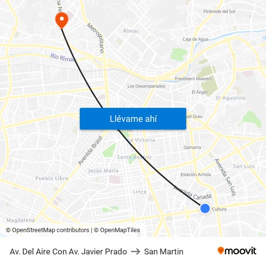 Av. Del Aire Con Av. Javier Prado to San Martin map