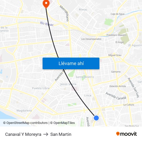 Canaval Y Moreyra to San Martin map
